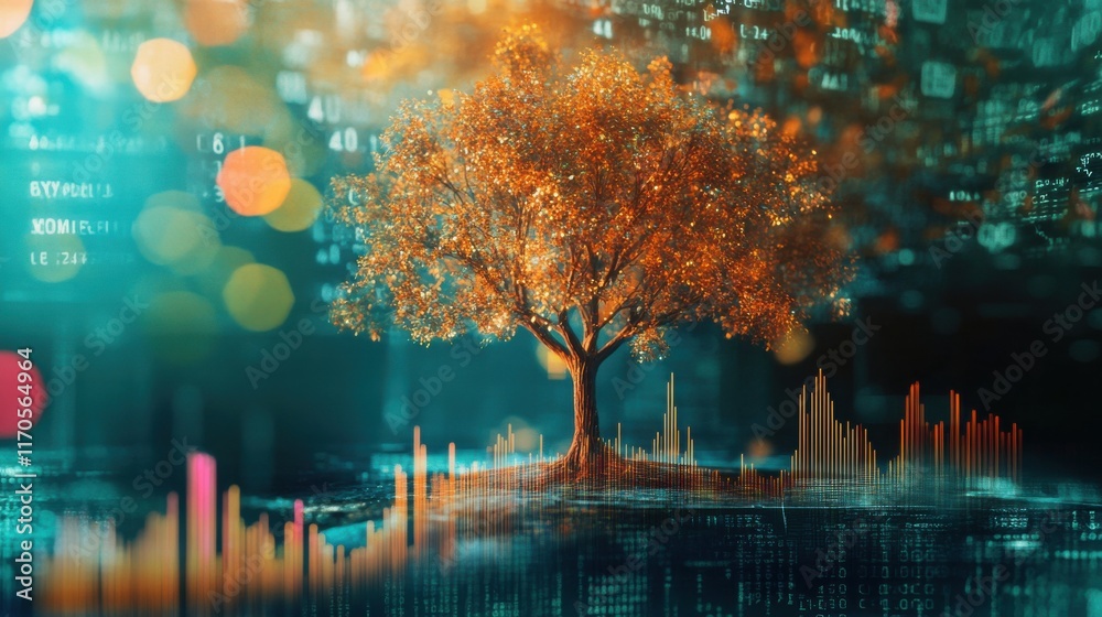 Poster Vibrant double exposure showcasing a symbolic tree intertwined with digital elements in a captivating and imaginative composition