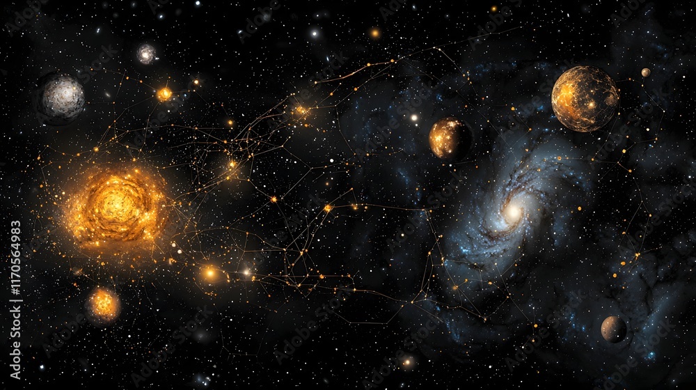 Poster quantum computing simulation depicting the complex gravitational interactions between multiple celes