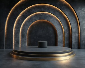 Obraz premium Modern abstract studio room with a central black and gold podium surrounded by circular layers