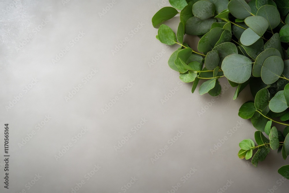 Fototapete eucalyptus branches are neatly placed on a pastel beige surface, creating a minimalistic look with s