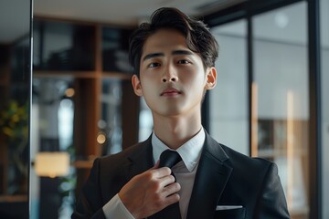 Confident young man adjusting his tie