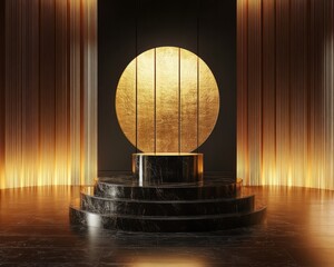 Modern black and gold geometric room featuring a pedestal and layered circular backdrop