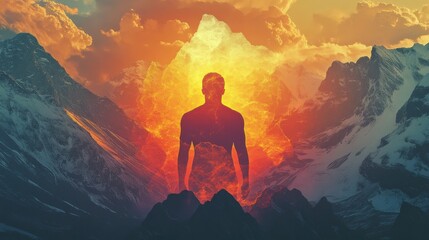 Obraz premium Vibrant silhouette of a man against a dramatic mountain sunset