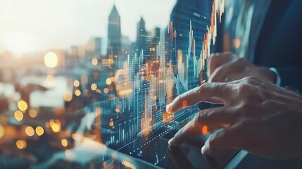 Cityscape Businessman Analyzing Financial Data on Tablet