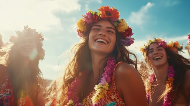 Joyful festival-goers celebrate under the sun wearing vibrant floral crowns at a lively outdoor gathering - Powered by Adobe