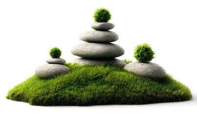 Balanced stones with green plants on a grassy hill.