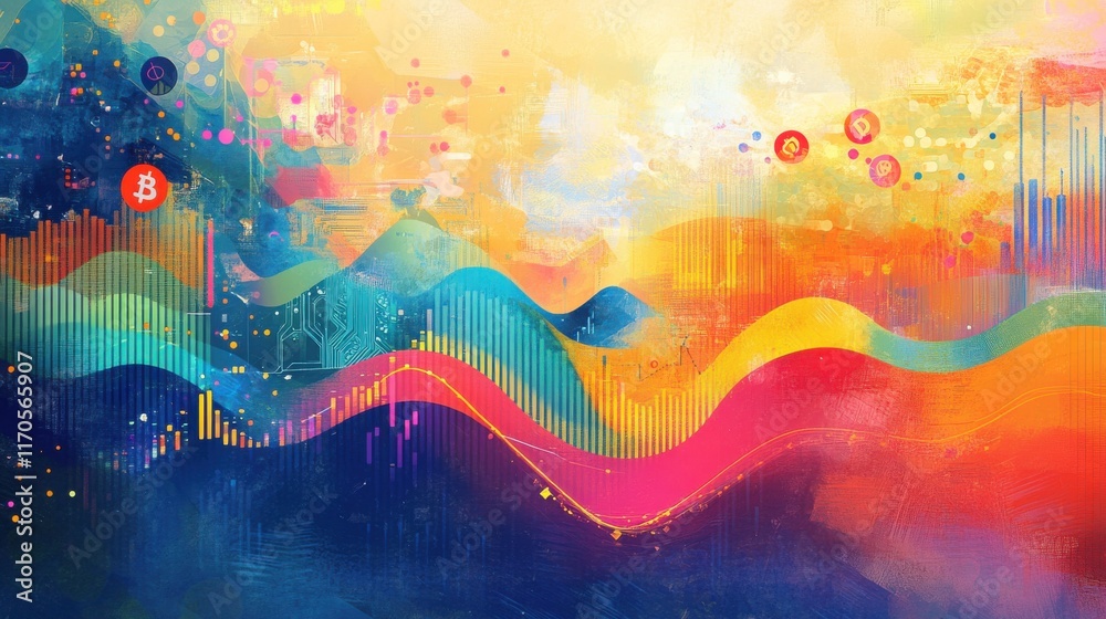 Poster symbolic representation of digital currencies featuring vibrant colors and abstract designs with flu