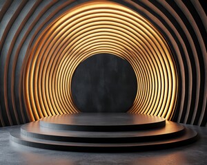 Fototapeta premium Sleek 3D room featuring a black geometric platform and golden concentric backdrop design 
