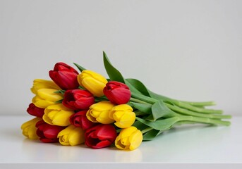 A vibrant bouquet of tulips, arranged on a white surface, evokes joy and celebration