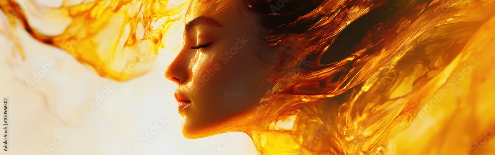 Aufkleber surreal portrait of a model's face illuminated with golden hues and intricate interweavings of hair 