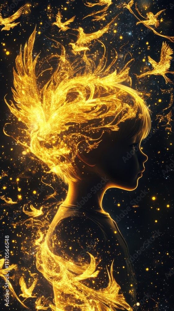 Aufkleber Surreal portrait of a glowing child surrounded by ethereal birds in a dreamlike environment