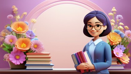 female teacher with books and flowers celebrating World Teacher's Day. Ideal for educational events, 100 days of school