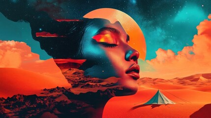 Surreal portrait of a woman's face blending with a vibrant desert landscape under a cosmic sky at sunset