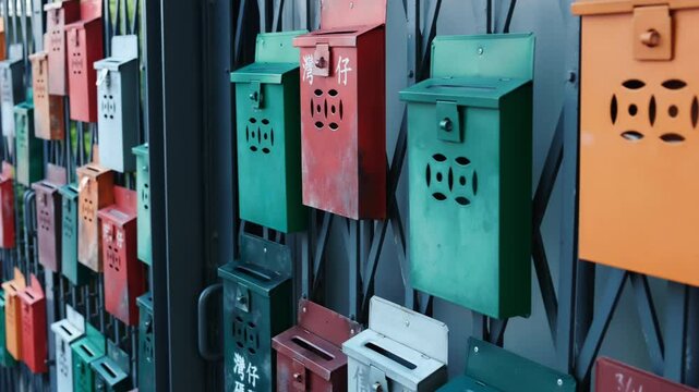 Colors vintage mailboxes along on metal wall.