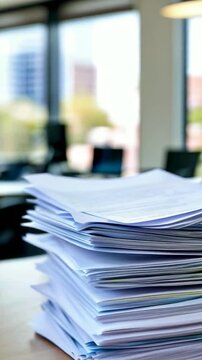 A stack of papers on a desk with an office background, suggesting work and organization.