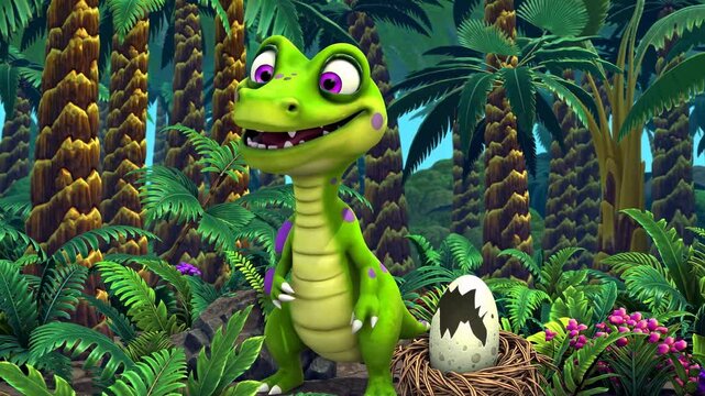 Colorful dinosaur character interacts in a lush jungle environment with a hatching egg