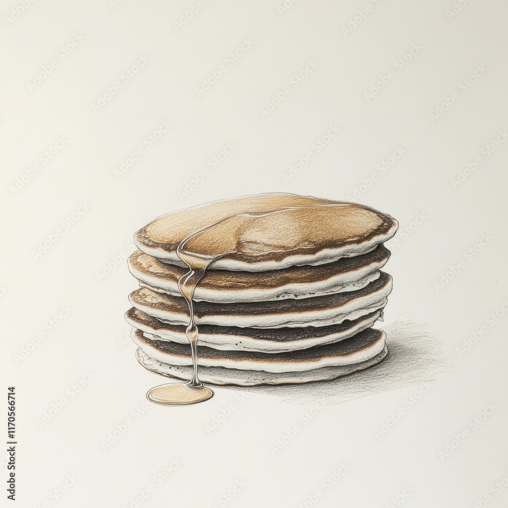 Aufkleber Stack of golden pancakes with syrup dripping elegantly on a soft background for a delightful breakfast treat