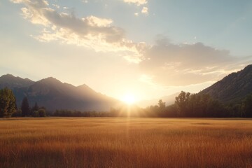 Obraz premium Golden sunlight breaks through soft white clouds over a peaceful valley, casting a warm glow on the field as day transitions into a tranquil evening
