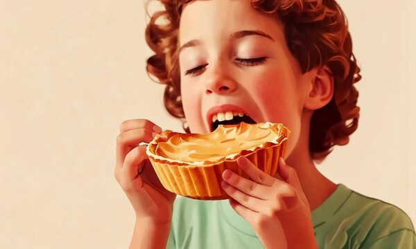Boy with Curly Hair Devouring a Large Piece of Tart