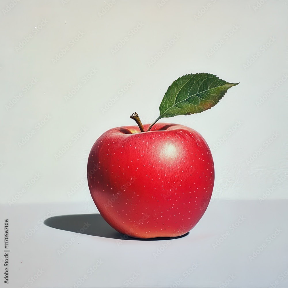 Poster shiny red apple resting on a simple surface with a green leaf on top, showcasing its vibrant color a