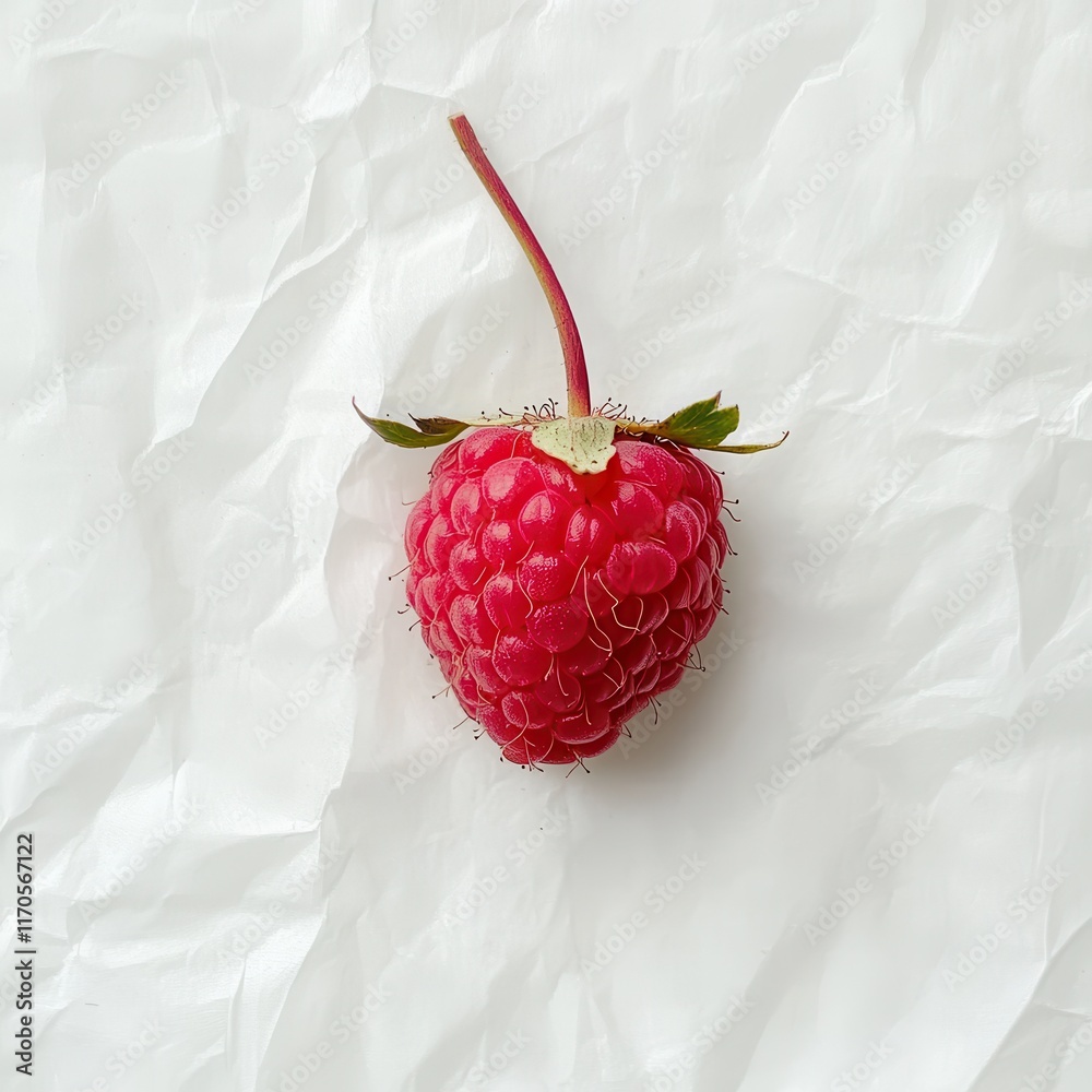 Poster Ripe raspberry resting on crumpled white paper, showcasing its vibrant color and texture in natural light