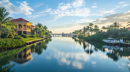 Fototapeta premium Tranquil waterfront homes nestled amongst lush tropical palms