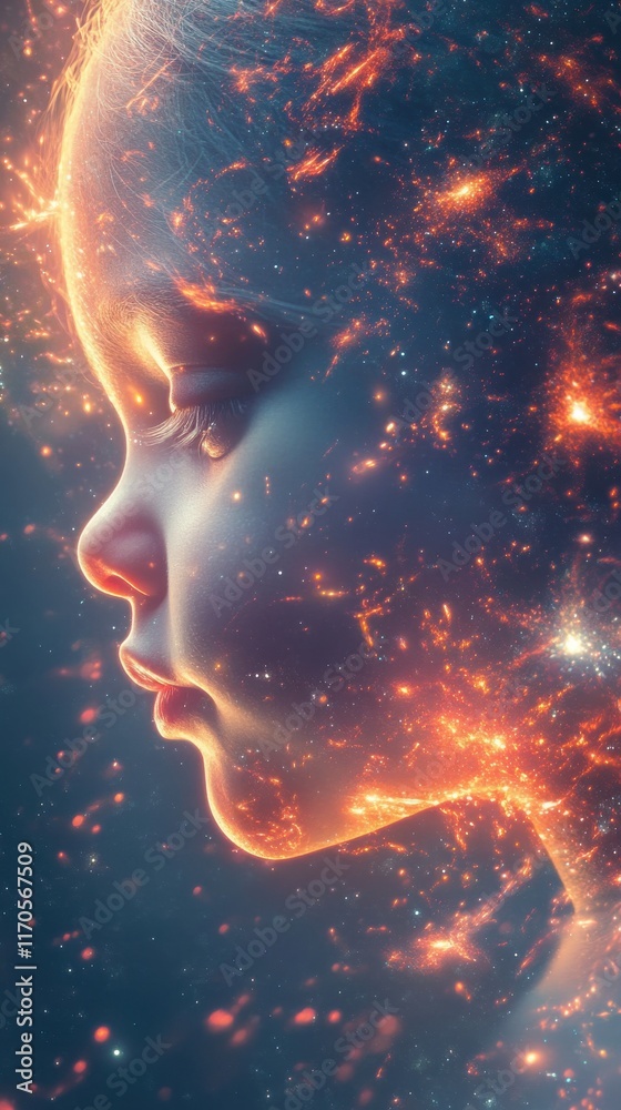 Aufkleber Serene visualization of a child's face with cosmic elements depicting wonder and innocence in a dreamlike setting
