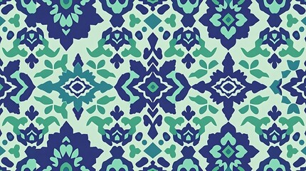 Blue and Green Floral Tile Pattern: A seamless pattern of blue and green floral motifs, perfect for home decor, fashion, and branding.