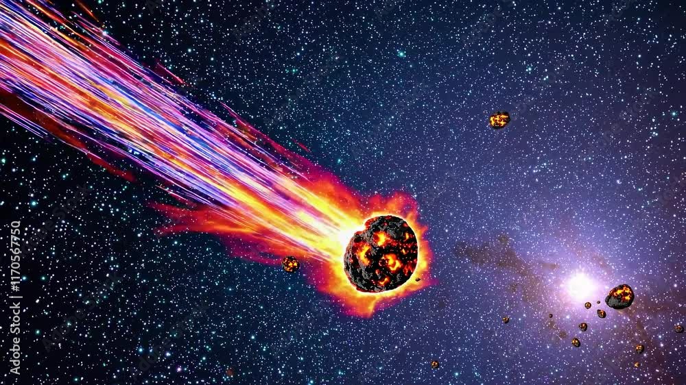 Poster Stunning visual of a comet traveling through space with bright trails and surrounding asteroids