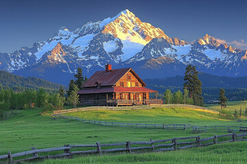 Obraz premium Log cabin in green meadow with snow-capped mountain backdrop at sunrise.