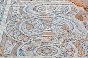 Ancient floor mosaic from the Church of the Apocalypse in Laodicea, circular patterns and vibrant colors. Denizli, Turkey (Turliye)