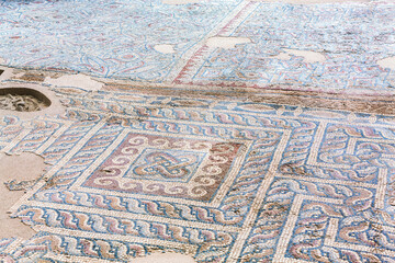 Ancient floor mosaic from the Church of the Apocalypse in Laodicea, colorful geometric patterns. Denizli, Turkey (Turliye)