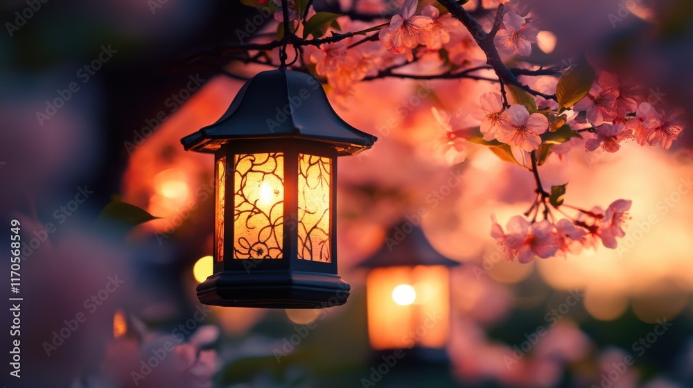Poster soft glow of lanterns illuminating cherry blossom branches during evening hours in a tranquil garden