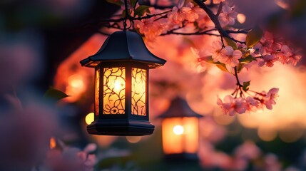 Soft glow of lanterns illuminating cherry blossom branches during evening hours in a tranquil garden setting