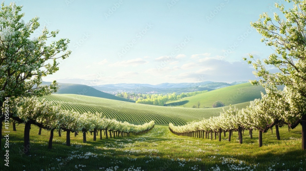 Poster breathtaking spring vineyard landscape with lush rows of grapevines and blooming trees in a pictures