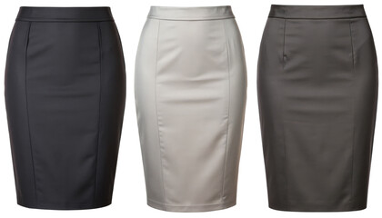 Three pencil skirts in black, beige, and gray isolated with transparent background