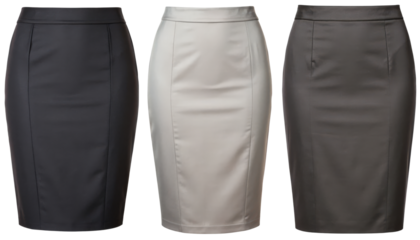 Three pencil skirts in black, beige, and gray isolated with transparent background