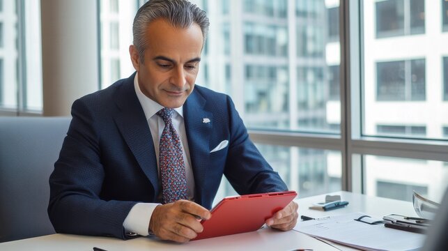 Professional middle-aged man engaged in work with a tablet in a modern office setting