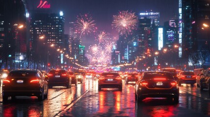 Obraz premium Evening traffic illuminated by fireworks in a bustling city