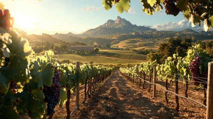 Papier peint photo Vignoble A picturesque vineyard at sunset, showcasing lush grapevines, mountains in the background, and a serene landscape bathed in golden light.  © Chanwit
