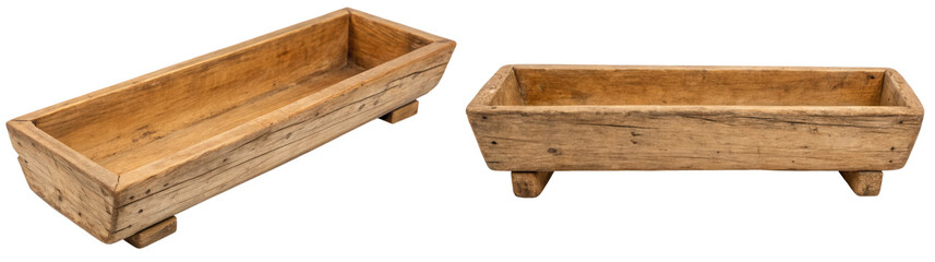 Obraz premium Two rustic wooden troughs isolated with transparent background