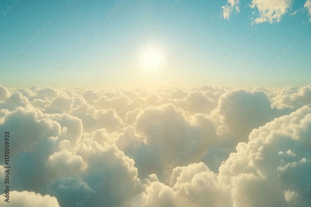 Fototapete fluffy white clouds illuminated by sunlight create a surreal view from above in a deep blue sky, fea