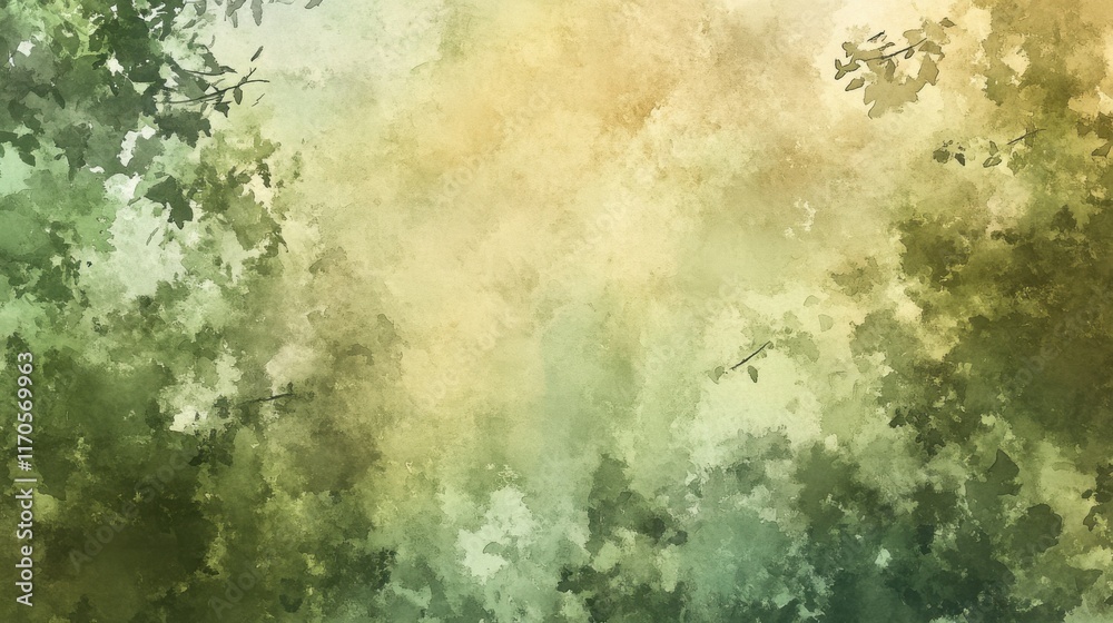Poster nature-inspired watercolor background featuring soft greens and amber tones evoking tranquility and 