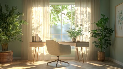 Fototapeta premium Sunlit Home Office with Lush Greenery and Natural Light