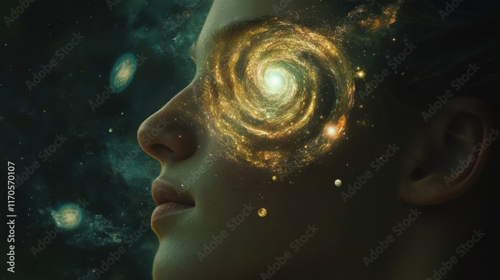 Aufkleber mystical woman's face reflects a swirling galaxy symbolizing the universe within