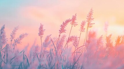 Obraz premium Pastel Sunset Grass Field Soft Light Blooms