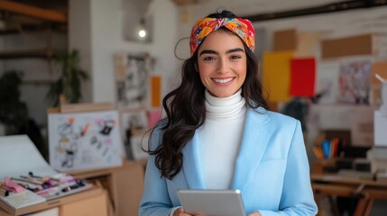 Modern fashion designer works in studio with creative designs and digital tablet in hand