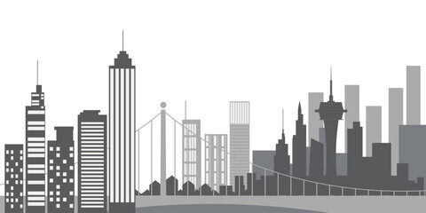 Fototapeta premium Flat illustration cityscape with urban buildings, roads, and bridges in a monochrome palette.