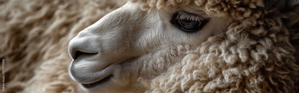 Poster close-up view of an alpaca showcasing its soft fur and gentle expression captured in natural light