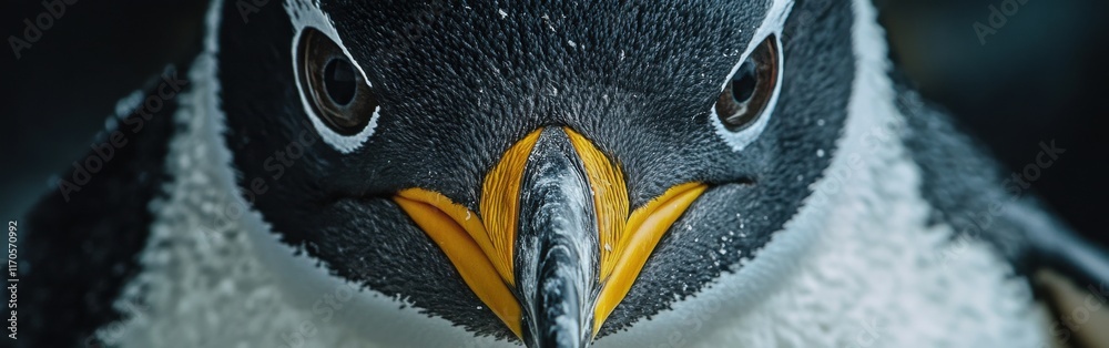 Poster close-up perspective of a penguin's face revealing intricate details and vibrant colors in a natural